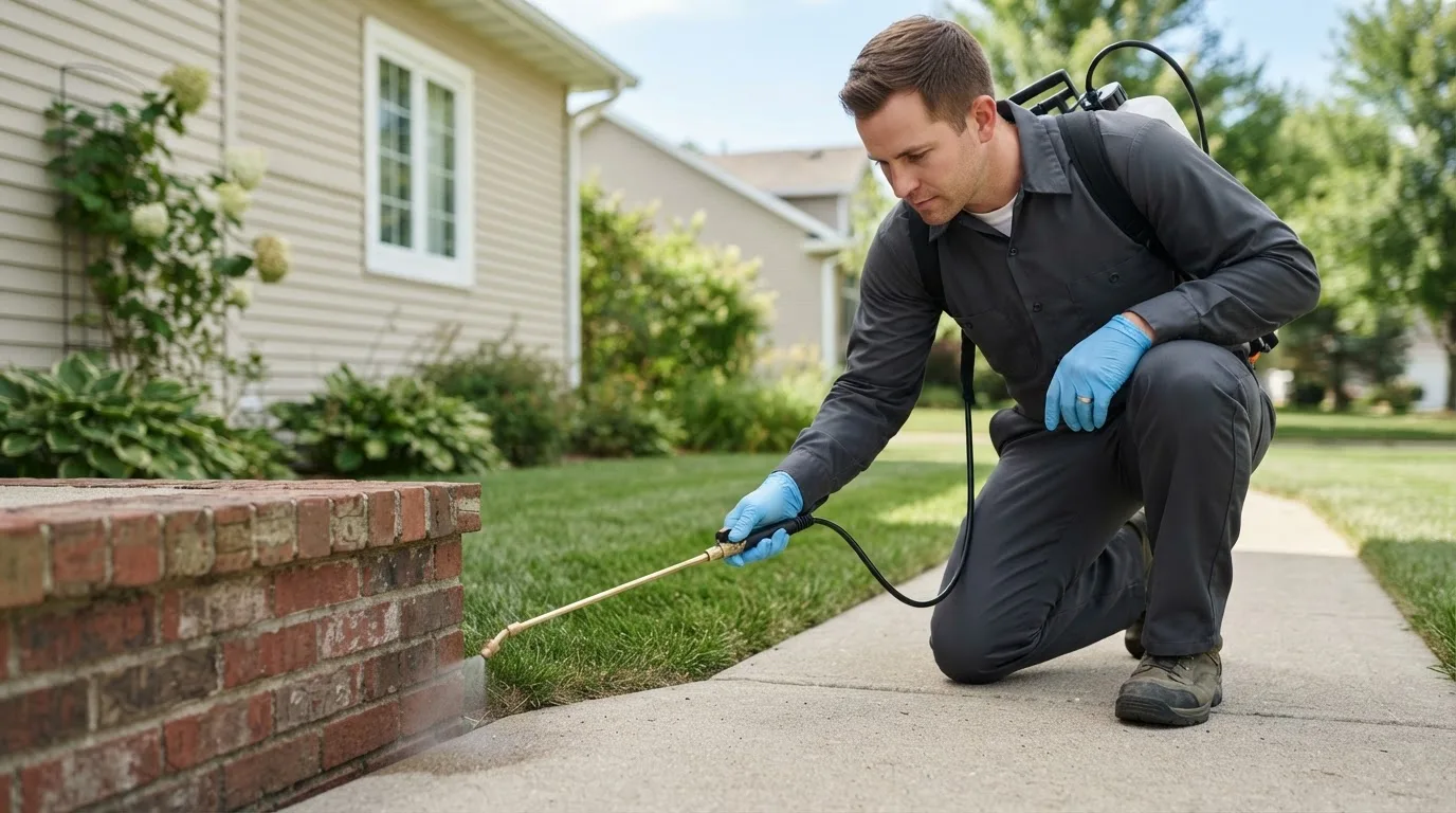 Pest control technician treating a home near Jerry City, OH