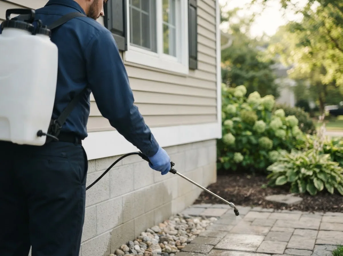 Pest control technician inspecting a home in Jerry City, OH